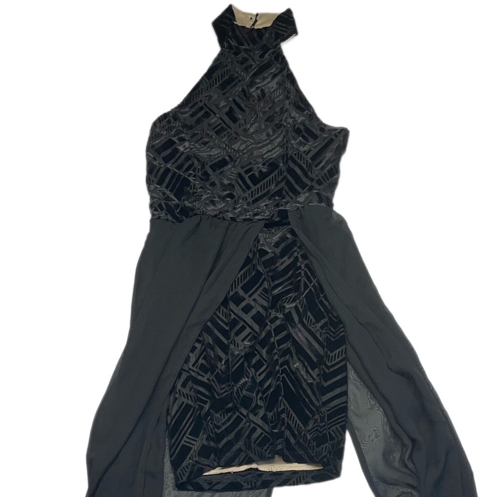 Papaya Black Strapless Halter Maxi Dress sheer split skirt 90s Y2K - Picture 2 of 11